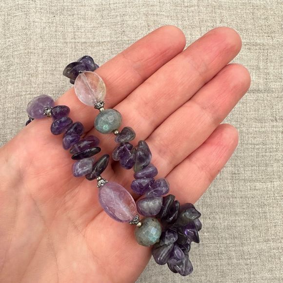 Amethyst Labradorite Beaded Sterling Silver Necklace 19" Toggle Clasp Purple VTG - Picture 9 of 16
